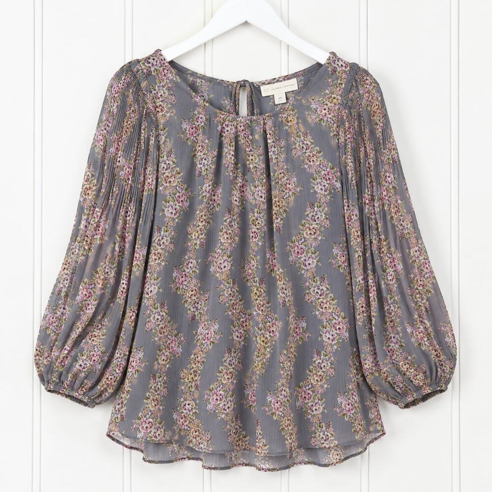 LC Lauren Conrad Blouse 3X Gray Floral Chiffon Long Sleeve Lined Plus Size